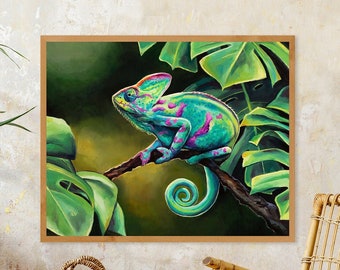 Illustration of green Common Chameleon For sale as Framed Prints