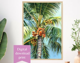 Instant download art print palm tree, Tropical beach painting printable, Hawaii poster print, Beachy room decor, Colorful coastal wall art