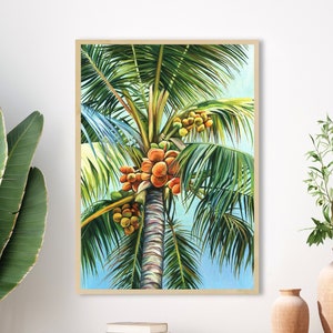 Coconut palm tree art PRINT, Long vertical wall art colorful, Tropical leaves painting, Beach hallway wall art Large Hawaii wall decor gift