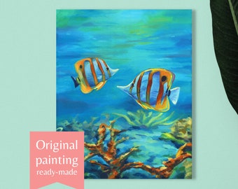 Tropical fish oil painting, Underwater animal painting on canvas, ORIGINAL sea life artwork, Modern beach house wall art, Ocean boho decor