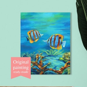 Tropical fish oil painting, Underwater animal painting on canvas, ORIGINAL sea life artwork, Modern beach house wall art, Ocean boho decor