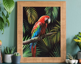 Scarlet macaw print, Red parrot wall print, Ara macaw art, Jungle bird print, Tropical room decor, Colorful eclectic art, Parrot lover gifts