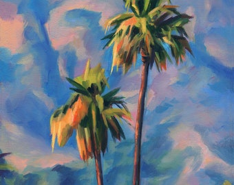 Peinture ORIGINALE de grands palmiers, peinture à l'huile impressionniste de Californie encadrée, oeuvre de paysage tropical, décor de salon de maison de plage