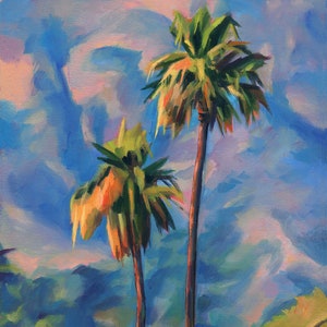 Large palm trees ORIGINAL painting, Impressionist California oil painting framed, Tropical landscape artwork, Beach house living room decor