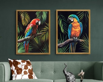 Tropical parrot PRINT SET, Macaw parrot art prints, Set of 2 bird prints, Colorful parrot poster, Two multicolor wall art, Jungle wall decor