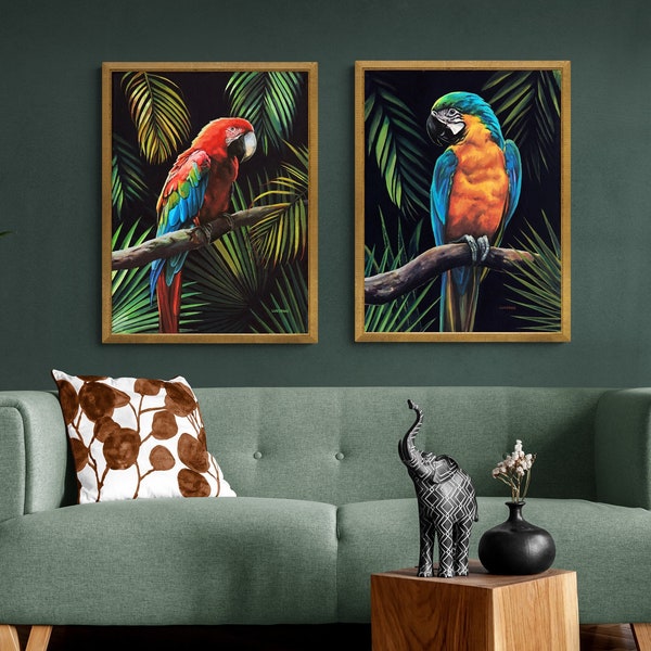 Ensemble d'impression de perroquet tropical, estampes d'art de perroquet d'ara, ensemble de 2 impressions d'oiseau, affiche colorée de perroquet, art de mur de deux multicolores, décor de mur de jungle