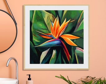IMPRESIÓN de flores de naranja tropical, decoración de baño tropical floral, cartel de aves del paraíso, impresión boho hawaiana, pintura de plantas grandes arte playero