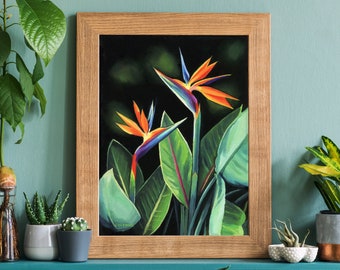 Bird of paradise plant PRINT, Colorful coastal boho wall art, Modern tropical flower art print, Green and black wall art, Beach house art