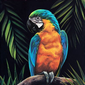 Parrot oil painting framed, Blue and gold macaw wall art, Jungle wall art, Large original painting, Animal oil painting, Exotic bird art