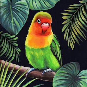Green lovebird parrot painting, Bird original oil painting on canvas, Agapornis lovebird art Small bird pet portrait, Red and green painting