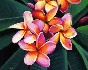 Plumeria oil painting ORIGINAL, Pink and orange frangipani plant painting, Hawaiian flowers art, Small Hawaii framed art, Colorful beach art