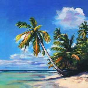 Caribbean beach oil painting, ORIGINAL coastal painting, Tropical seascape ocean, Palm tree artwork, Beach house wall art, Ocean lover gift