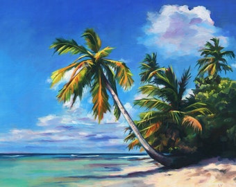 Caribbean beach oil painting, ORIGINAL coastal painting, Tropical seascape ocean, Palm tree artwork, Beach house wall art, Ocean lover gift