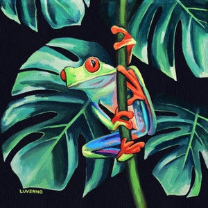 Red eyed tree frog painting, Original frog artwork, Rainforest colorful animal art Nature small canvas wall decor Green tropical house decor