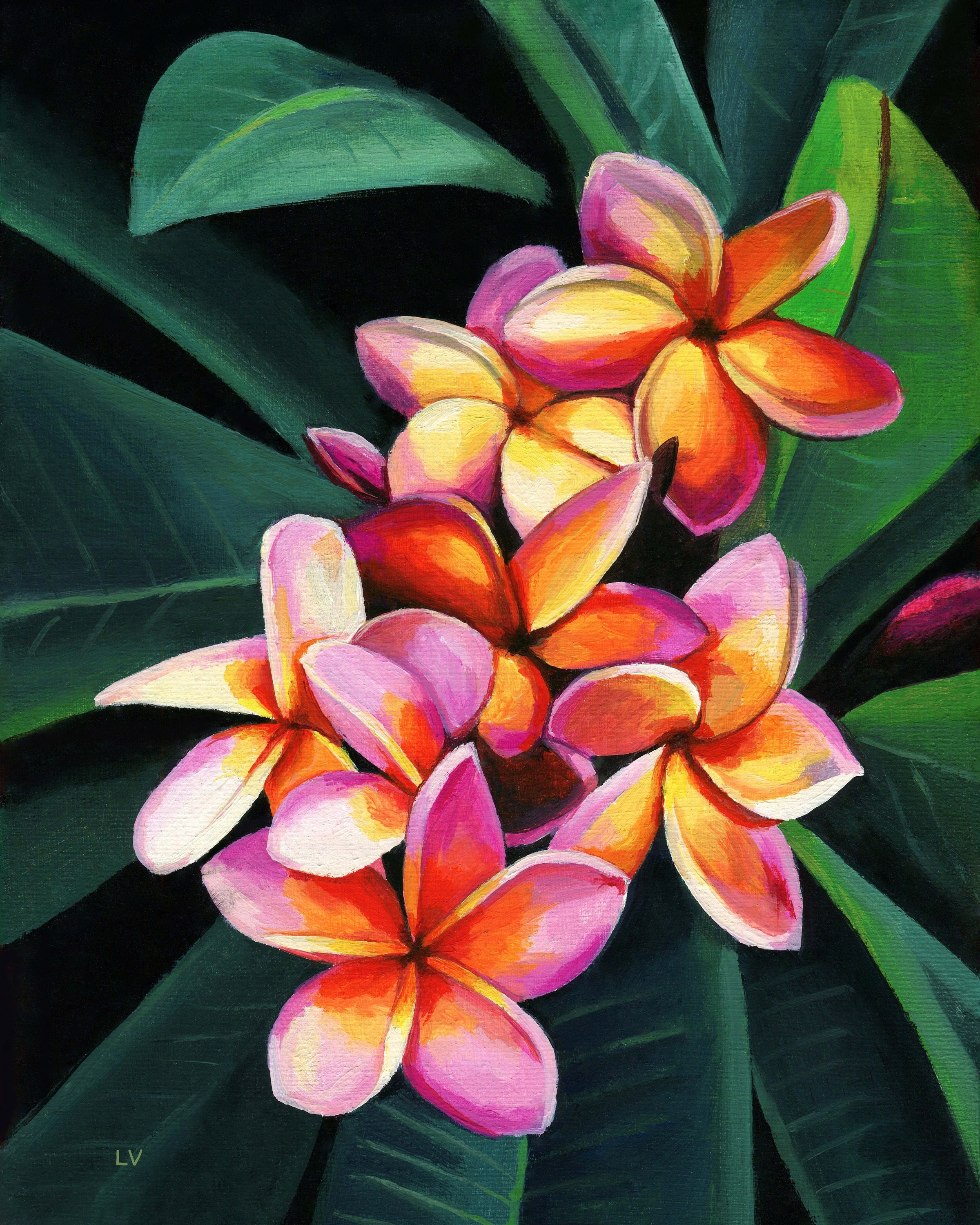 レジンアート海(Plumeria) Plumeria Oil Painting ORIGINAL, Pink and Orange Frangipani Plant