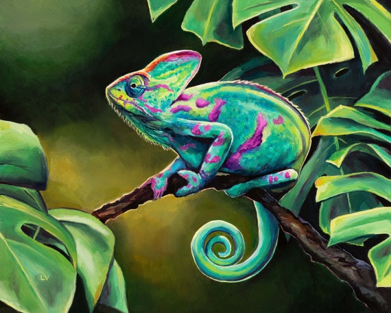 Chameleon Painting ORIGINAL Realistic Exotic Wildlife Oil Painting Jungle Reptile Artwork Boho Ethnic Bedroom Wall Art Reptile Lover Gift Etsy