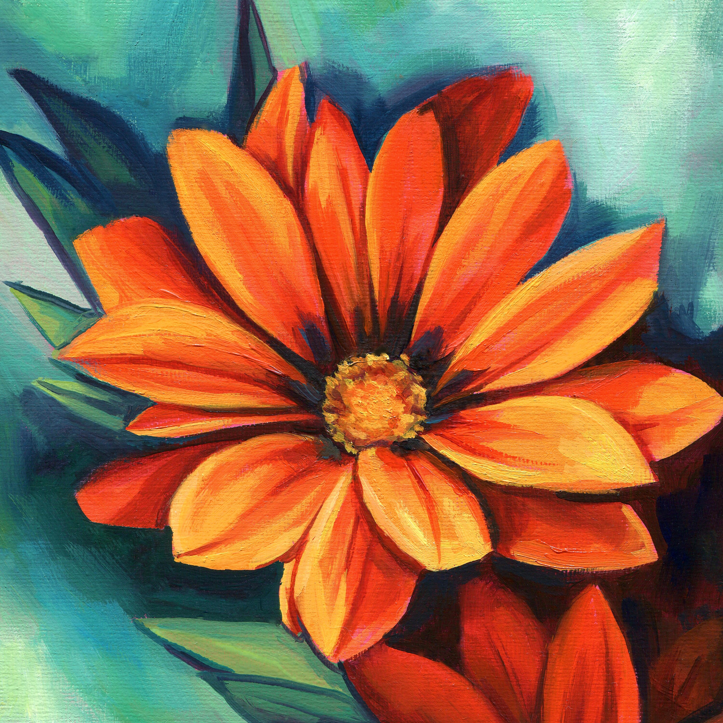 Orange Daisy Flowers Painting, Abstract Floral Oil Painting