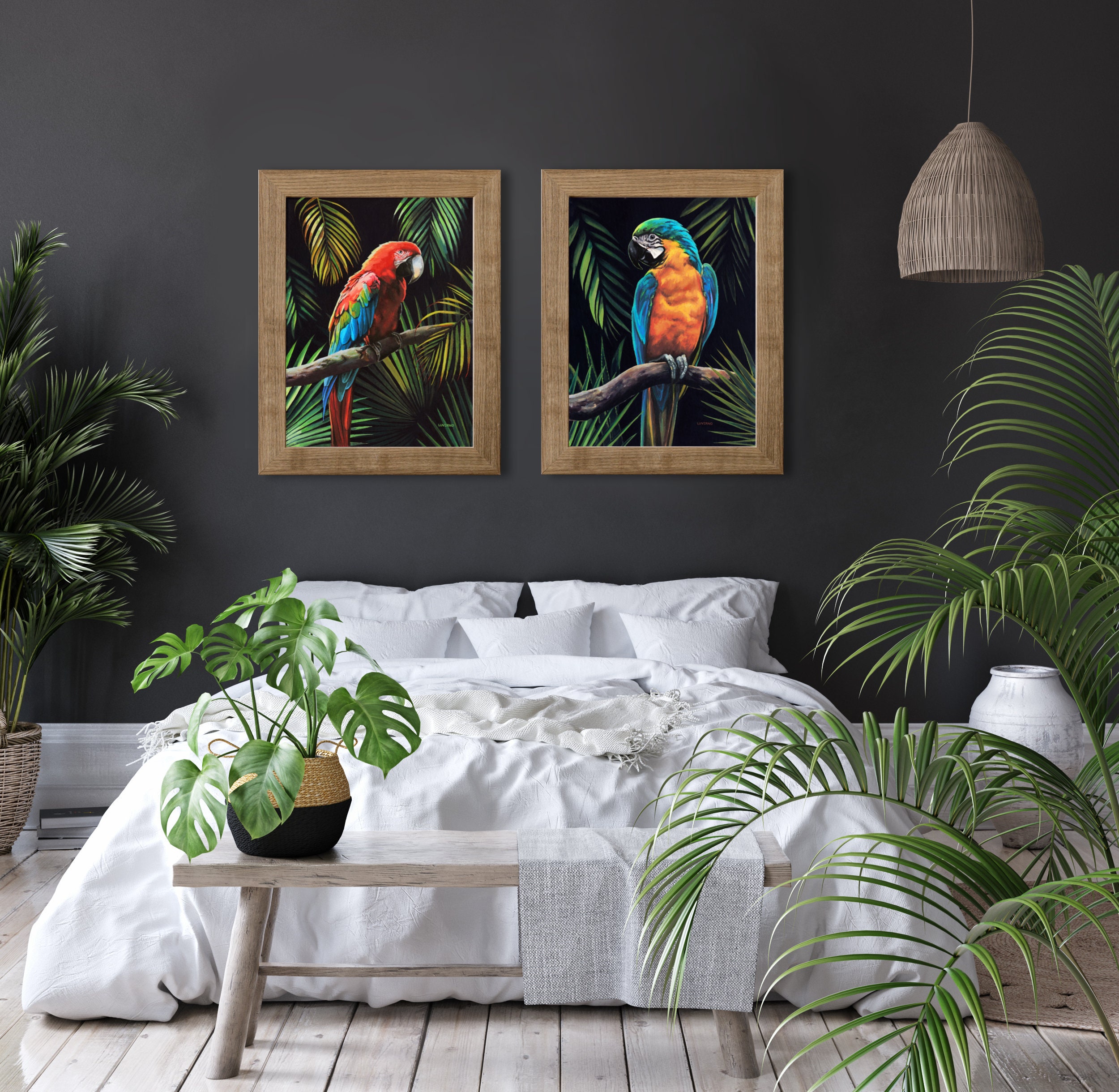 LZIMU Stampe su tela Ara Quadro di pappagallo tropicale Uccelli e fiori colorati Stampe su tela Poster di animali della foresta per soggiorno camera da letto(Quadri-3, (40.00 x 60.00 cms