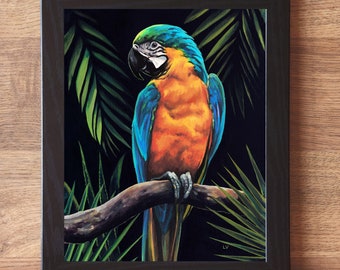 Parrot Oil Painting Framed, Blue and Gold Macaw Wall Art, Jungle