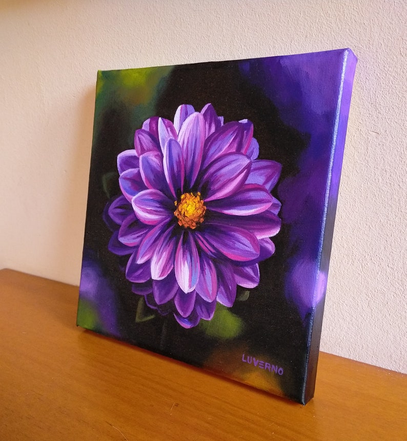 ORIGINAL Floral Oil Painting on Canvas. Purple Dahlia Flower Etsy