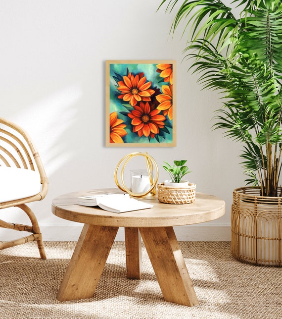 Orange Daisy Flowers Painting, Abstract Floral Oil Painting