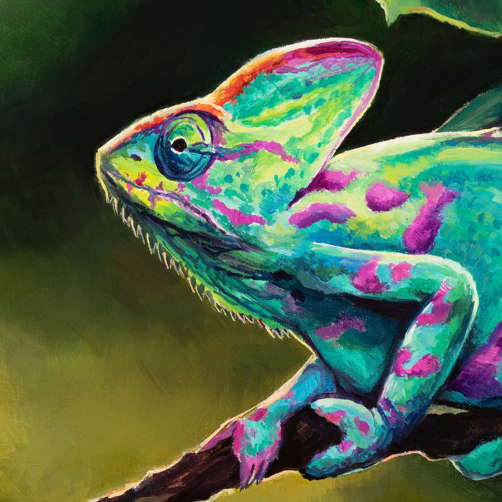 カメレオンの絵画オリジナル、リアルなエキゾチックな野生動物の油絵