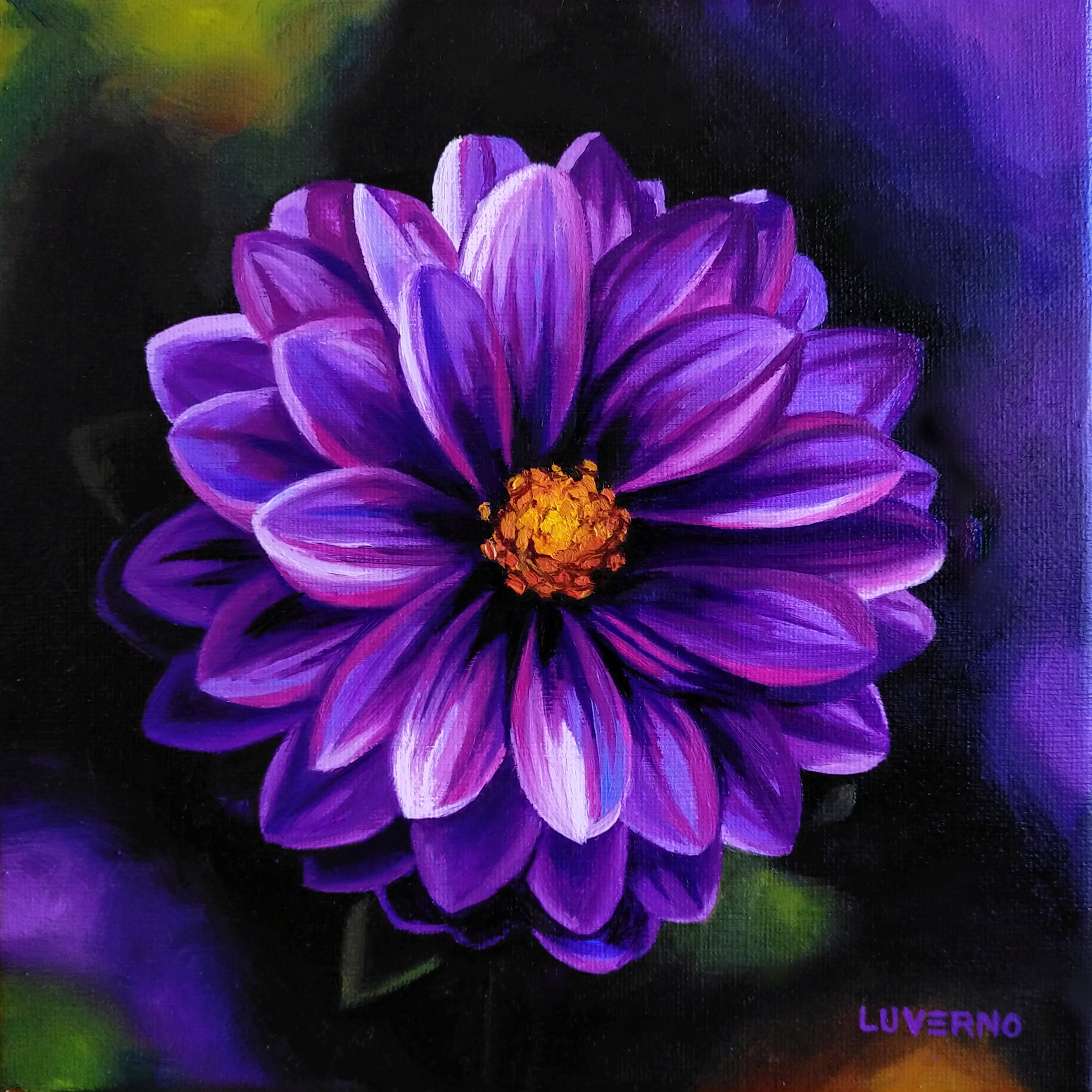ORIGINAL floral oil painting on canvas. Purple dahlia flower ORIGINAL floral oil painting on canvas. Purple dahlia flower