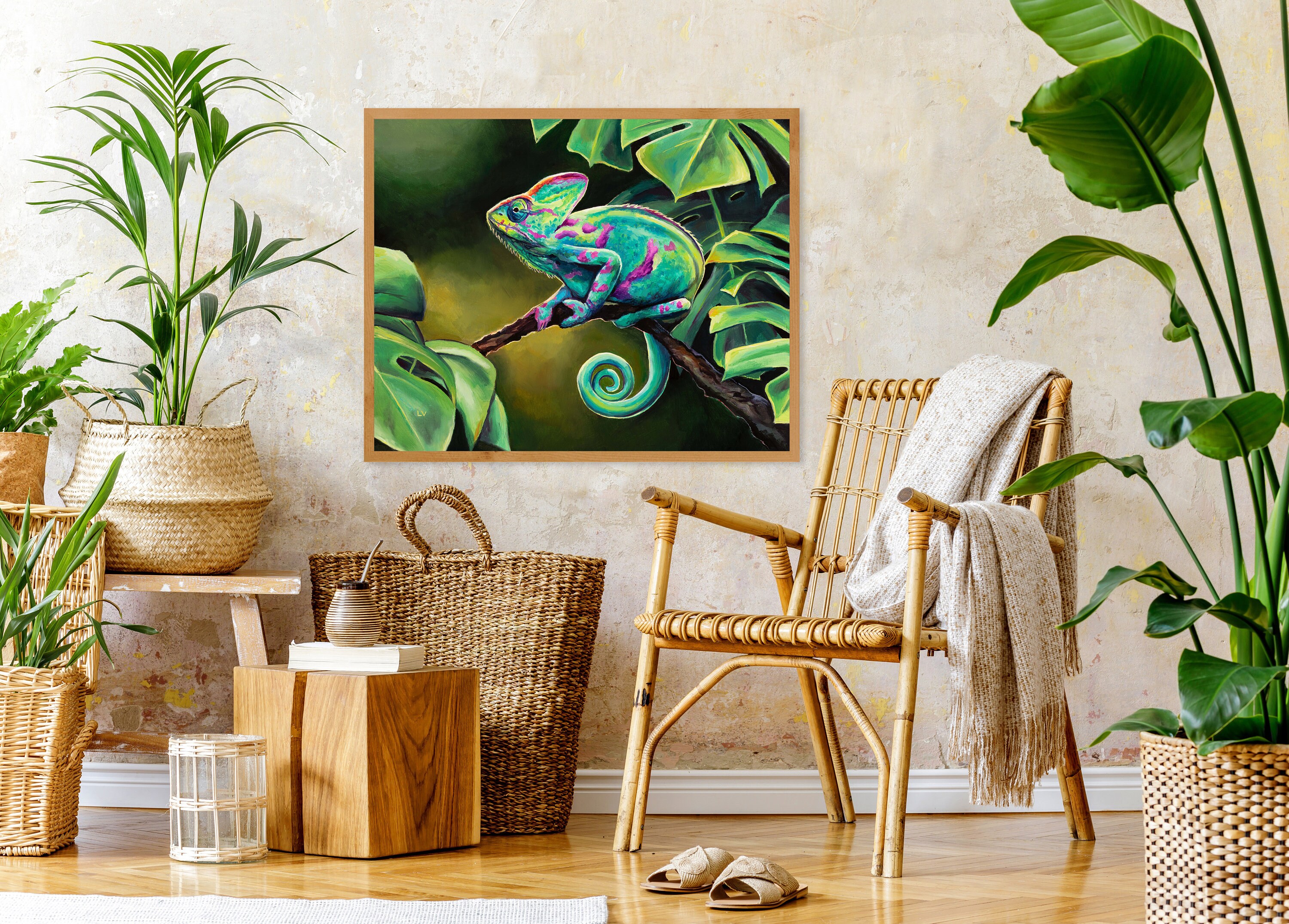絵画　油絵　原画　動物　カメレオン　グリーン　アート　インテリア　F4 絵画 油絵 原画 動物 カメレオン グリーン アート インテリア F4 絵画