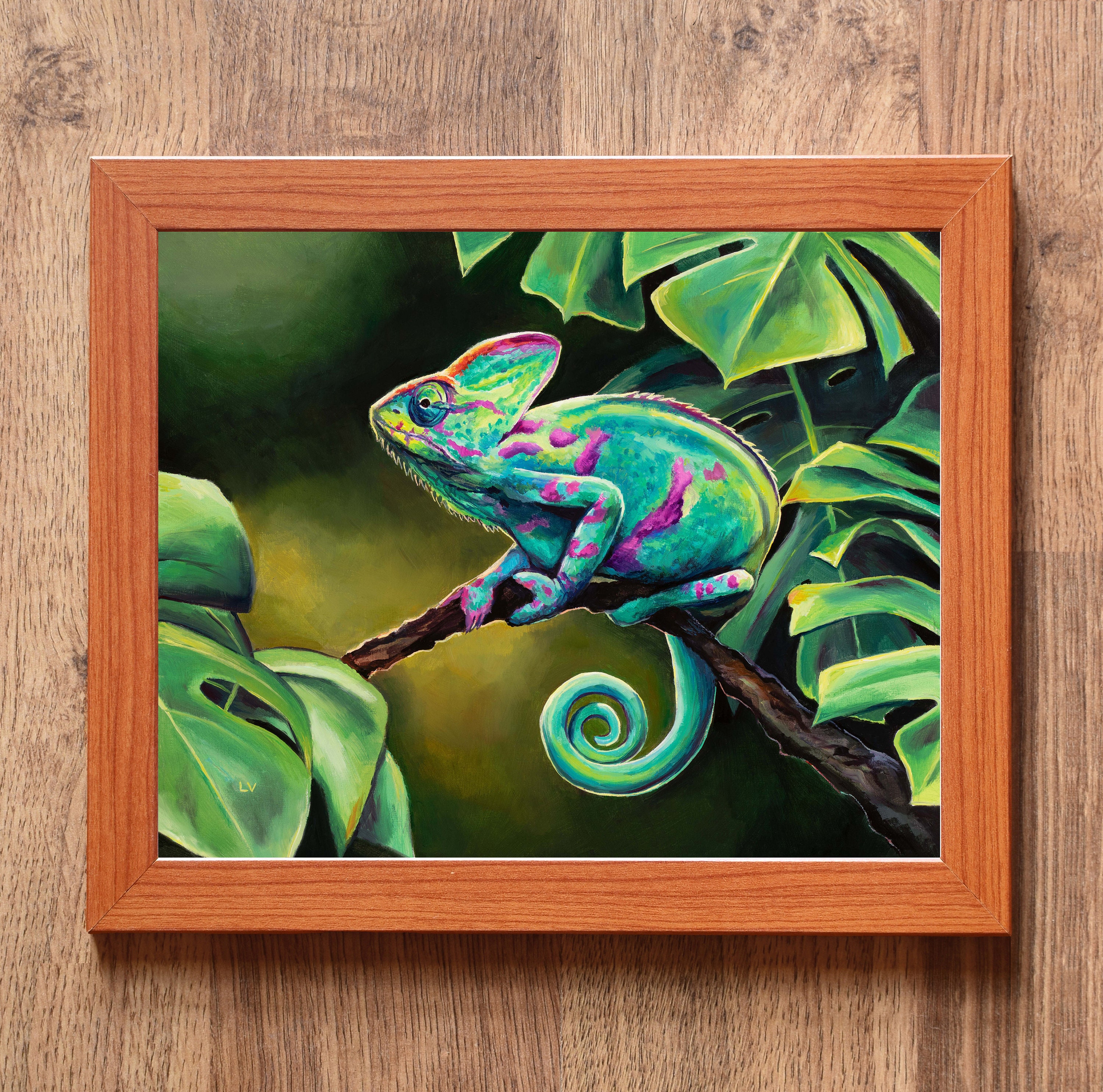 カメレオンの絵画オリジナル、リアルなエキゾチックな野生動物の油絵