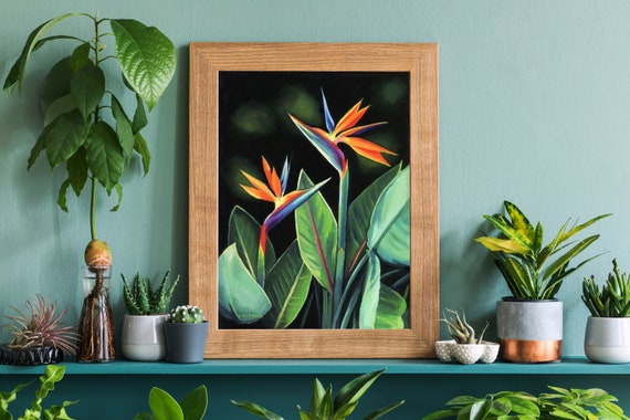 Bird of paradise plant PRINT, Colorful coastal boho wall art, Modern tropical flower art print, Green and black wall art, Beach house art