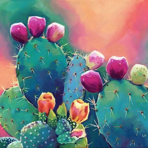 Cactus oil painting ORIGINAL, Modern floral artwork, Abstract cactus flower art, Pink and blue tropical art, Bohemian plant wall art framed