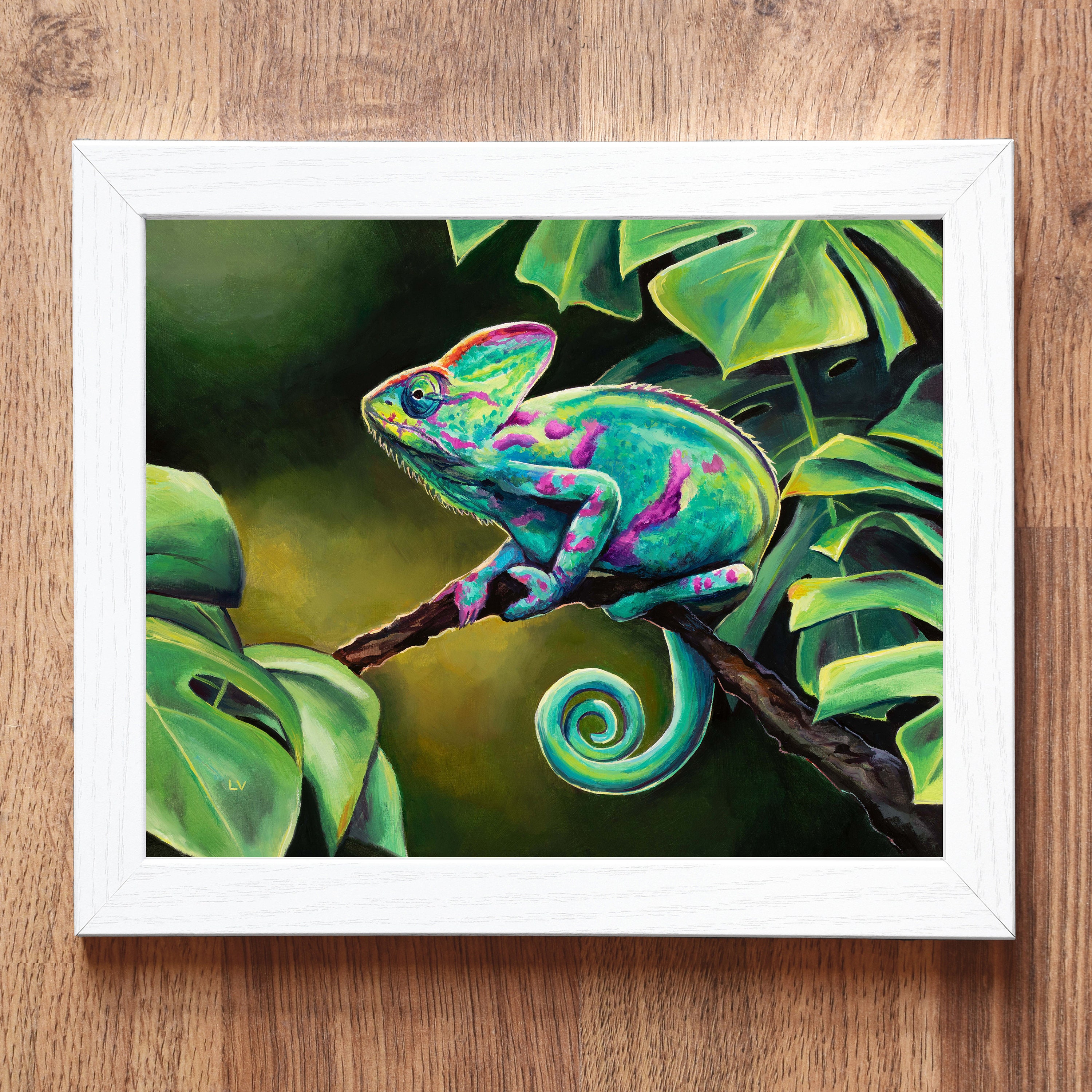 カメレオン アクリル画 カメレオンの絵画オリジナル、リアルなエキゾチックな野生動物の油絵