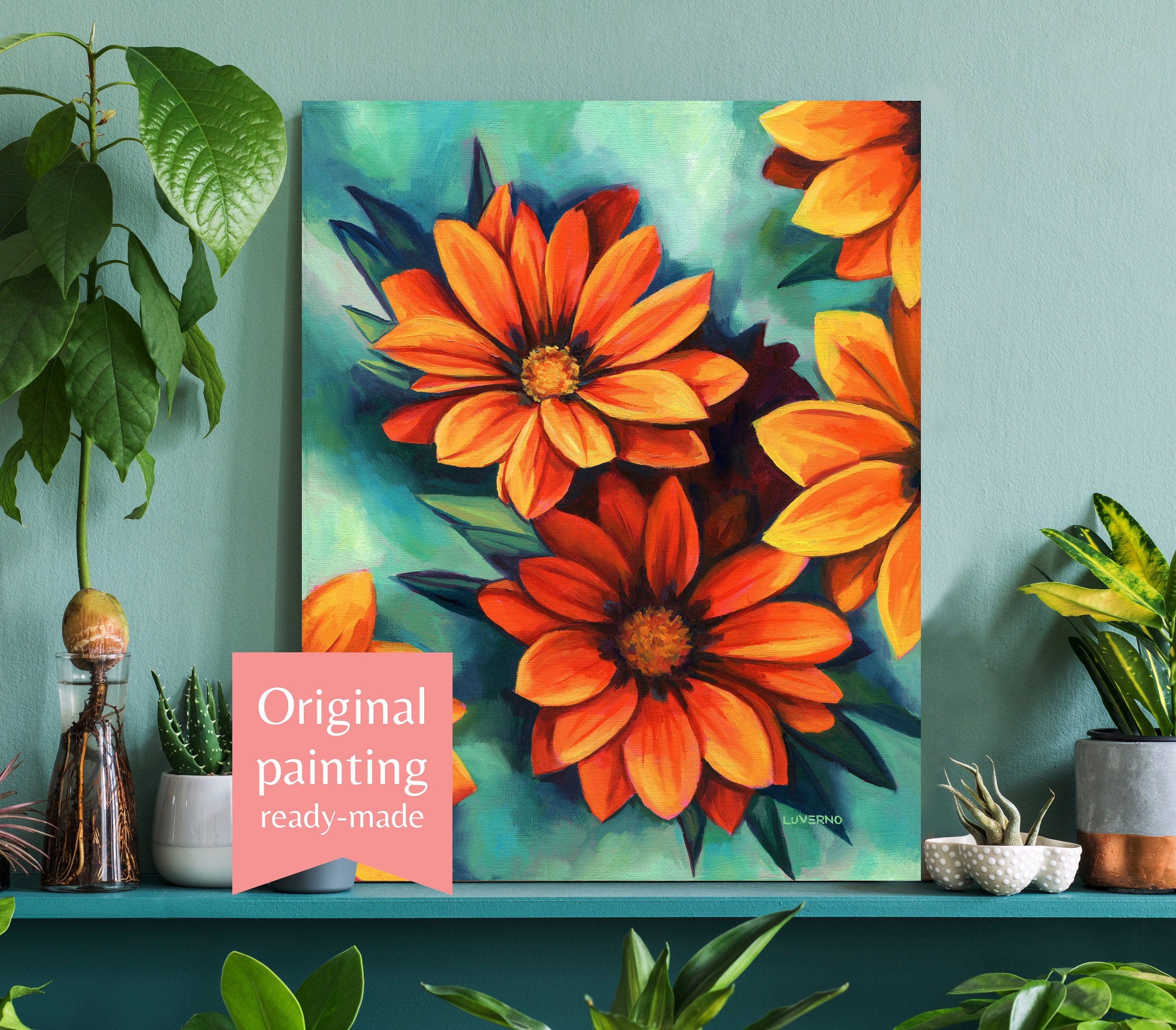 Orange Daisy Flowers Painting, Abstract Floral Oil Painting