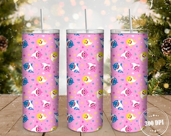 Baby Shark 20oz Skinny Tumbler Wrap PNG, Baby Shark Family PNG Sublimation Tumbler Designs, Cartoon Characters Tumbler PNG, Cartoon png