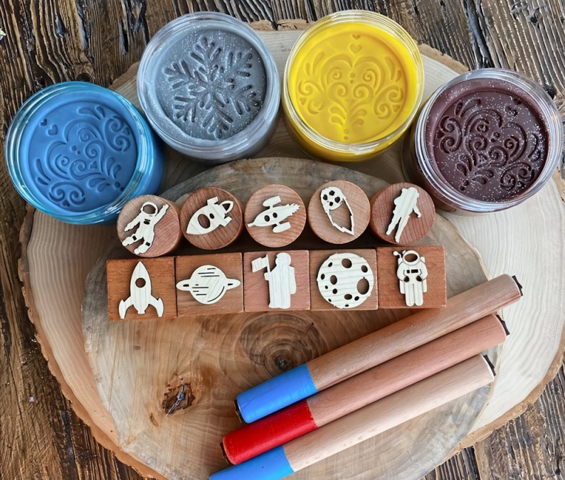 Outer Space Playdough Jar, Galaxy Wooden Stampers, Play Dough Kit, Sensory Play, Busy Box for Kids, Craft Kit,Birthday Party Favor image 5