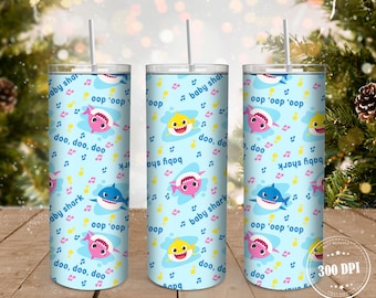 Baby Shark 20oz Skinny Tumbler Wrap PNG, Baby Shark Family PNG Sublimation Tumbler Designs, Cartoon Characters Tumbler PNG, Cartoon png