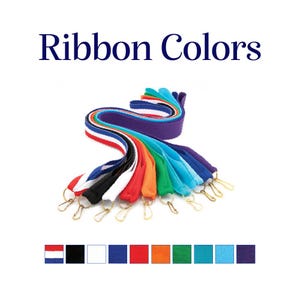 May include: A collection of colorful lanyards with gold-colored clasps. The lanyards are in various colors, including red, white, blue, black, orange, green, and purple. The text "Ribbon Colors" is displayed in navy blue at the top of the image.