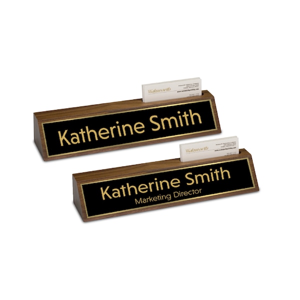 Custom Desk Name Plate with Card Holder - Modern Desk Sign with Business Card Holder - Wooden Name Sign for desk - Personalized Name Plaque
