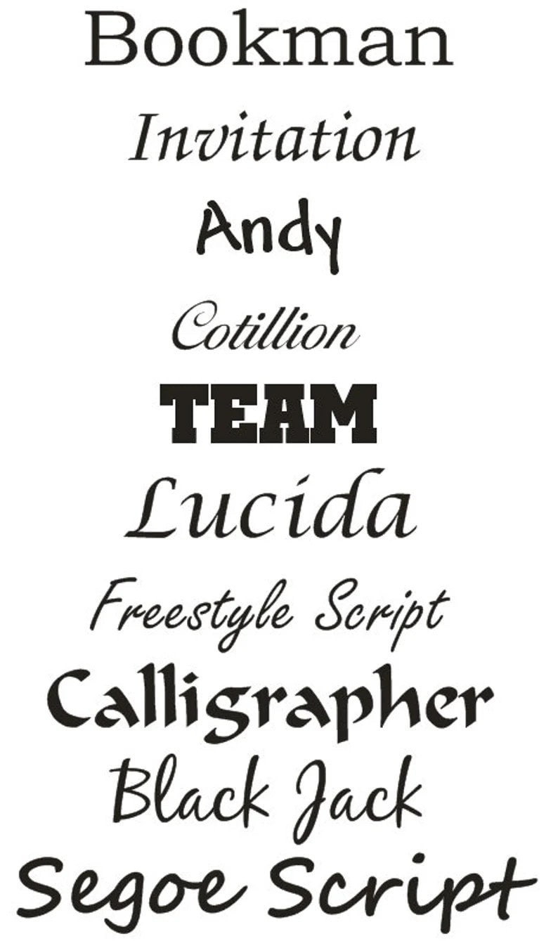 Op de afbeelding: Een lijst met verschillende lettertypen, waaronder Bookman, Invitation, Andy, Cotillion, TEAM, Lucida, Freestyle Script, Calligrapher, Black Jack en Segoe Script.