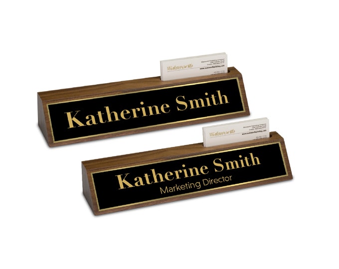 Custom Desk Name Plate with Card Holder - Wooden Desk Sign with Business Card Holder - Wooden Name Sign for desk - Personalized Name Plaque