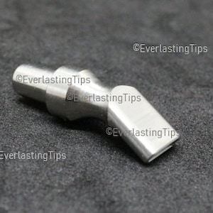 May include: A silver metal tip for a soldering iron with a 90-degree angle. The tip is designed for precise soldering and is compatible with most soldering irons.