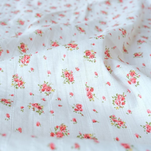 Vintage Red Roses Cotton Dimity - Woven Stripes - Deadstock Fabric By the Yard