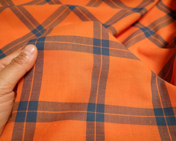 Orange-Blue Windowpane Cotton Voile - Large Grid Check Plaid Deadstock Fabric