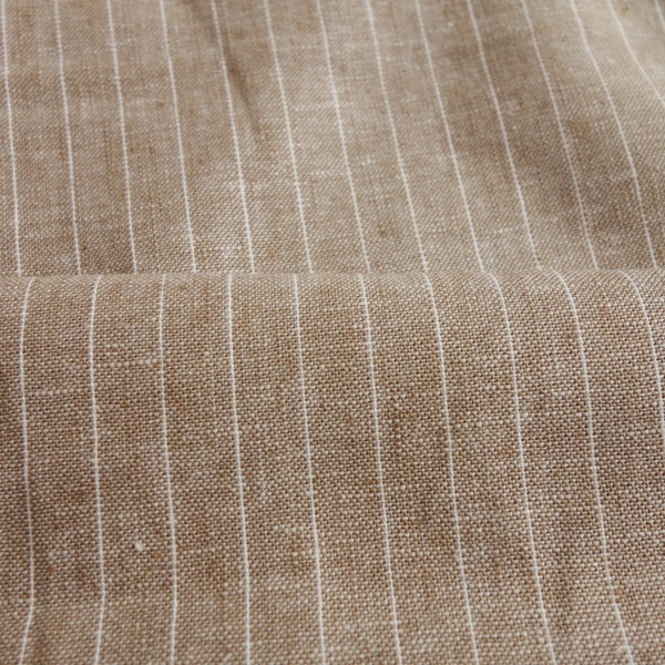 1.7 YARDS - Light Brown Striped Linen Cotton Fabric - Deadstock Fabric By the Yard