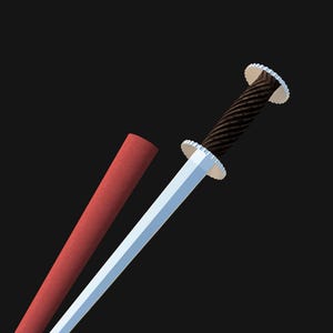 May include: A stylized sword with a silver blade and a dark brown, twisted handle. The hilt features white circular accents. A red scabbard is positioned next to the sword against a black background. The sword is a decorative item.