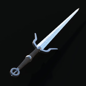 May include: A detailed image of a dagger with a silver blade and guard, and a black handle. The dagger is set against a black background, highlighting its sharp design and craftsmanship. The blade appears to be approximately 12 inches long.