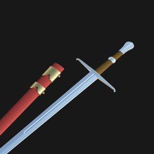 May include: A sword with a silver blade and a brown handle. The sword has a crossguard and a white pommel. A red scabbard with gold accents is next to the sword. The background is black.
