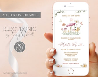 Mushroom Baby Shower Invitation by Text, Forest Wildflower Baby Shower Evite, Toadstool Electronic Invite Template Editable Digital Download