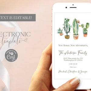 Descarga digital de anuncio de mudanza electrónica, plantilla de teléfono de texto de anuncio de nueva dirección, hemos movido plantas suculentas tarjeta electrónica sin papel
