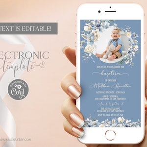 Convite de batismo Boho por texto com foto, Evite de batismo de flores azuis, modelo de convite de batismo eletrônico download digital editável